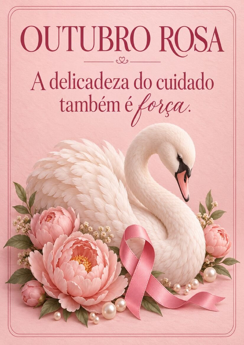 Arte Outubro Rosa com cisne branco cercado por flores, pérolas e laço rosa, acompanhada de frase sobre a força do cuidado